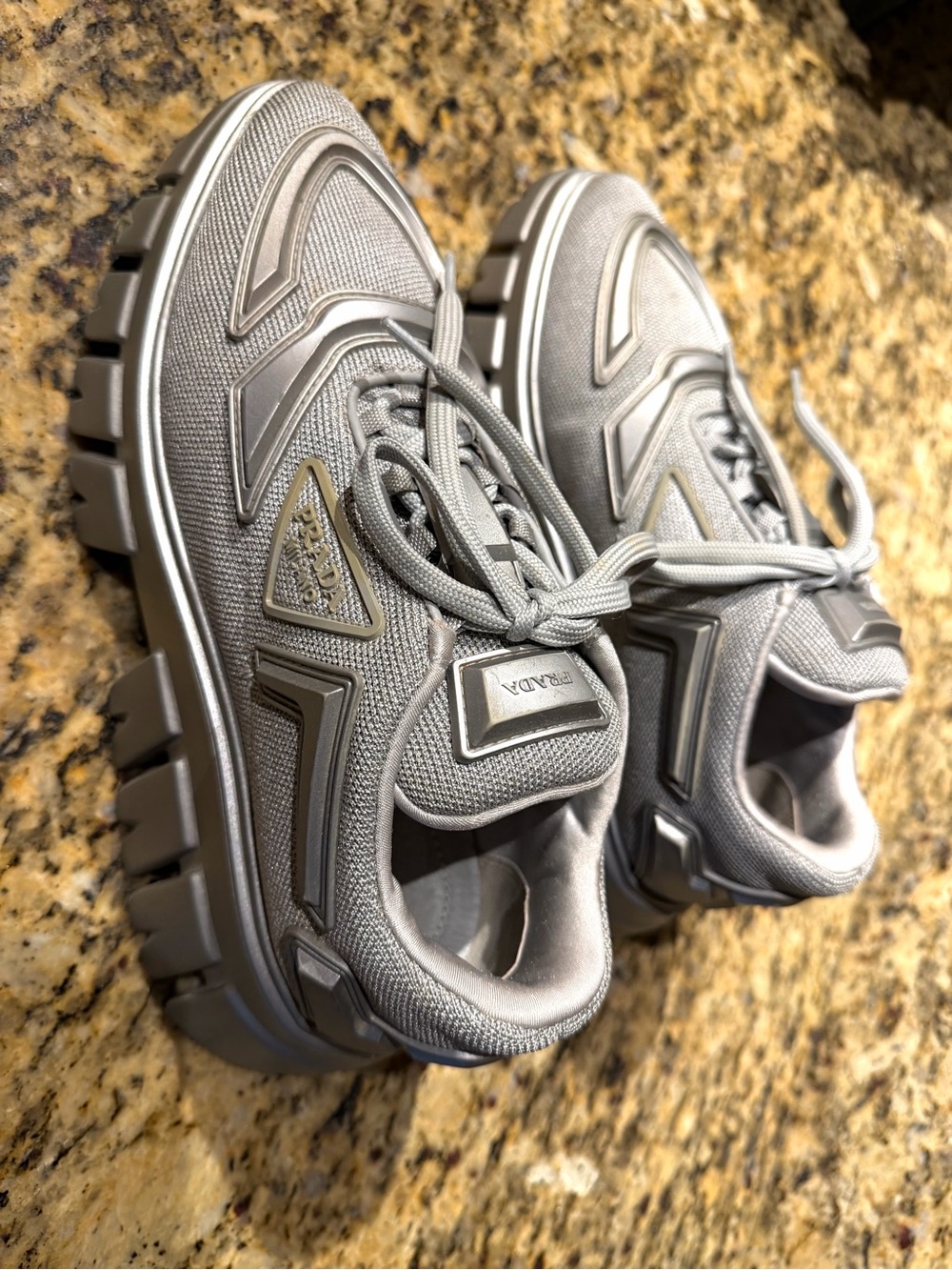 Prada Evolution Tech Women’s Chunky Lace-Up Sneakers in Light Gray and Silver - Picture 3 of 16